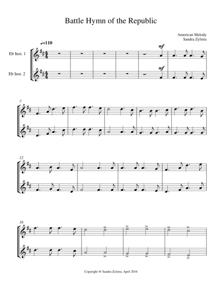 Battle Hymn Of The Republic Treble Eb Instrument Duet Parts Only Sheet Music