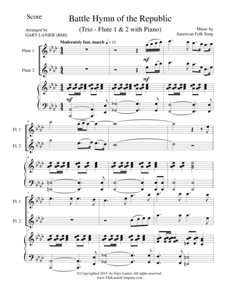 Free Sheet Music Battle Hymn Of The Republic Trio Flute 1 Flute 2 And Piano Score And Parts