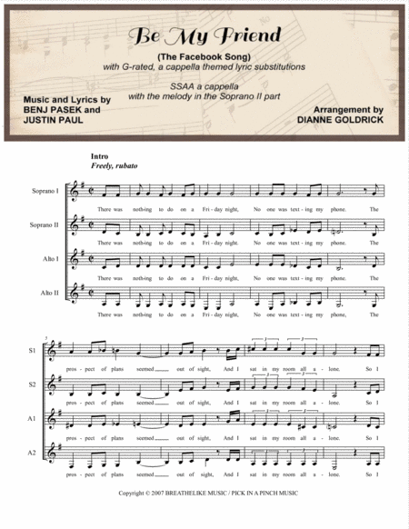 Be My Friend The Facebook Song Ssaa A Cappella Sheet Music