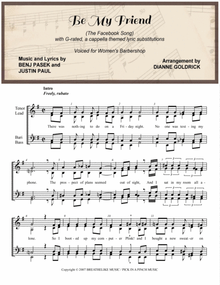 Free Sheet Music Be My Friend The Facebook Song Womens Barbershop