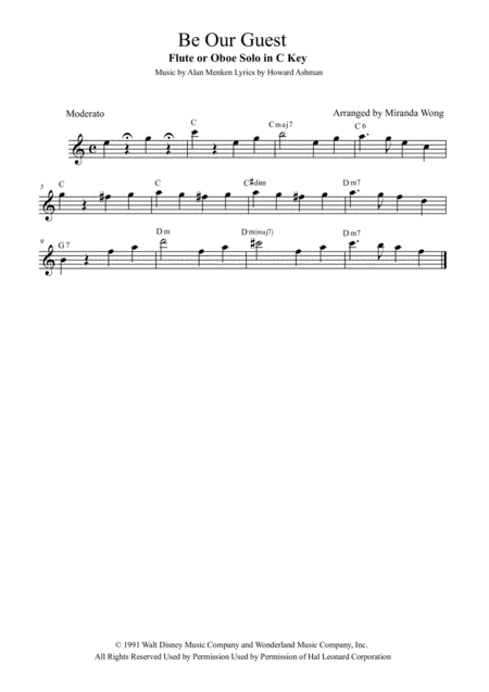 Be Our Guest Flute Or Oboe Solo In C Key With Chords Sheet Music