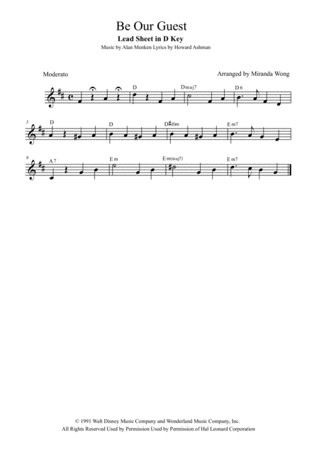 Free Sheet Music Be Our Guest Lead Sheet In D With Chords
