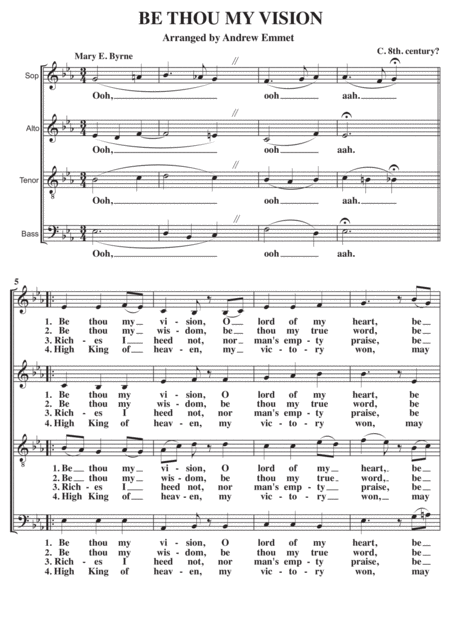 Free Sheet Music Be Thou My Vision A Cappella