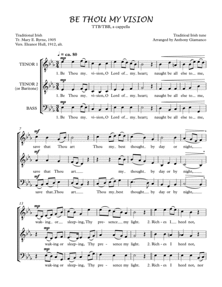 Free Sheet Music Be Thou My Vision Tbb Or Ttb Choir A Cappella