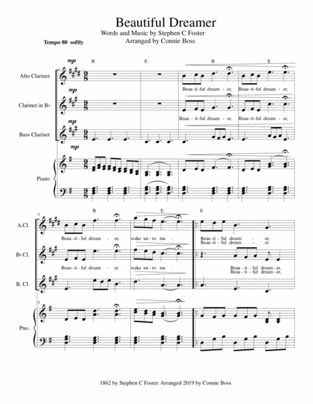 Free Sheet Music Beautiful Dreamer Key Of G Clarinet Alto Bb And Bass Clarinet Trio