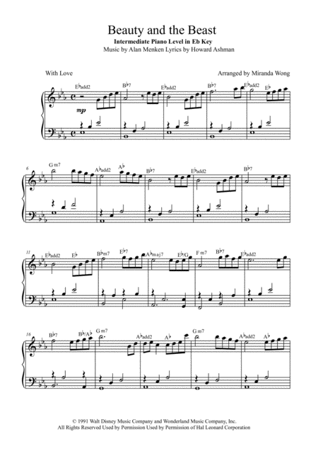 Beauty And The Beast 2017 Intermediate Piano Solo In Eb With Chords Sheet Music