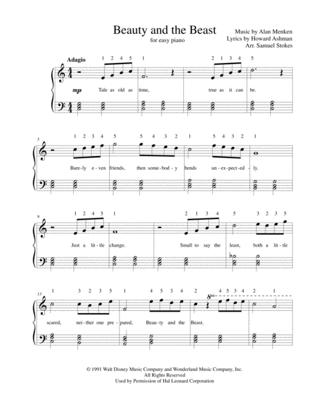 Beauty And The Beast For Easy Piano Optional Voice Sheet Music