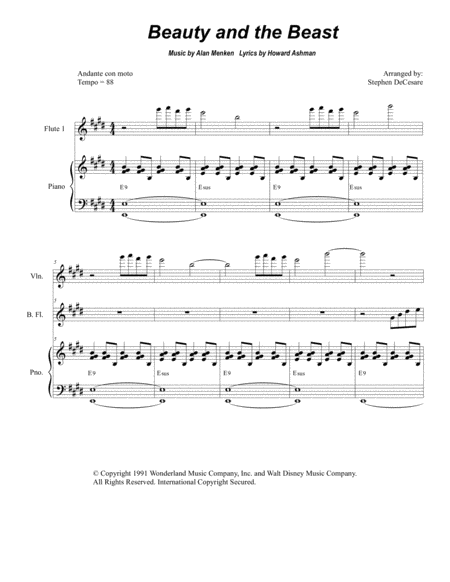 Beauty And The Beast For Flute Quartet Sheet Music