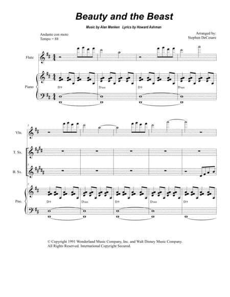 Free Sheet Music Beauty And The Beast For Saxophone Quartet