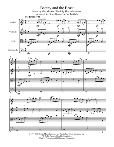 Beauty And The Beast For String Quartet Sheet Music