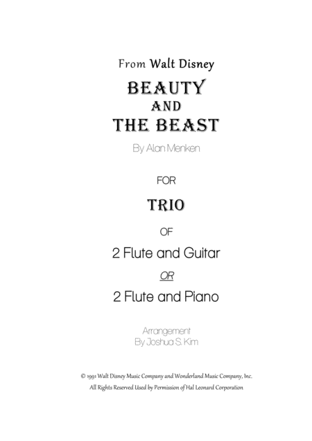 Beauty And The Beast For Trio 2 Flutes Piano Or Classical Guitar Sheet Music