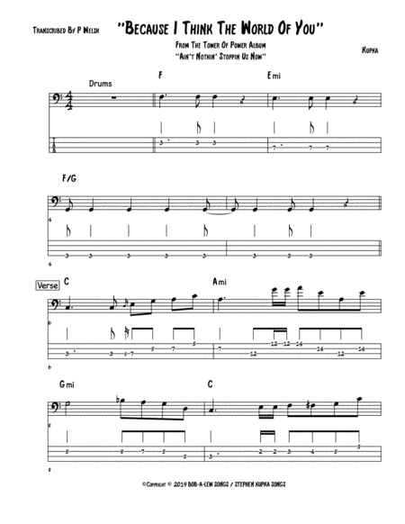 Because I Think The World Of You Bass Tab Sheet Music