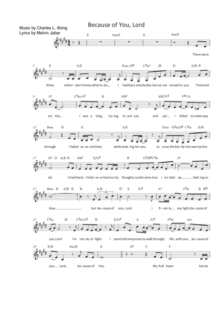 Because Of You Lord Theme Song Of A Prayer Group In Oita Japan Sheet Music