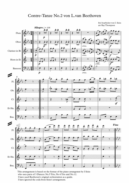 Beethoven As Adapted Seiss Contre Tanze Country Dance No 2 Wind Quintet Sheet Music