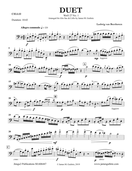 Beethoven Duet Woo 27 No 1 For Alto Sax Cello Sheet Music