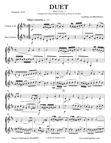 Free Sheet Music Beethoven Duet Woo 27 No 1 For Clarinet Bass Clarinet