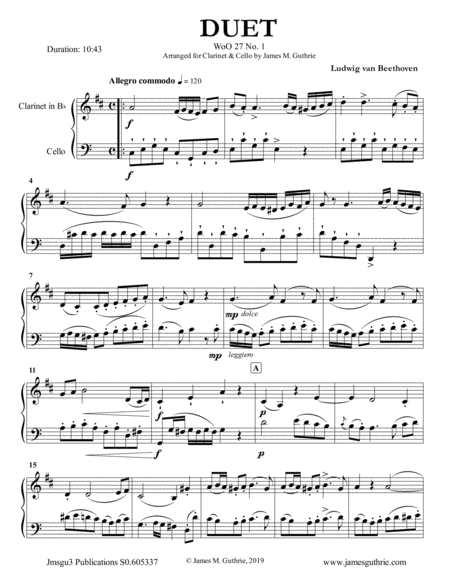 Free Sheet Music Beethoven Duet Woo 27 No 1 For Clarinet Cello