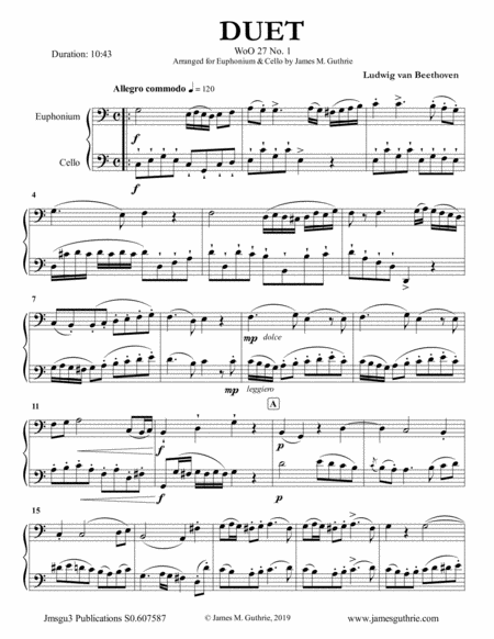 Beethoven Duet Woo 27 No 1 For Euphonium Cello Sheet Music