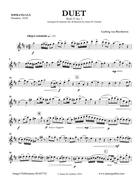 Beethoven Duet Woo 27 No 1 For Soprano Sax Bassoon Sheet Music