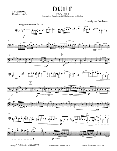 Beethoven Duet Woo 27 No 1 For Trombone Cello Sheet Music