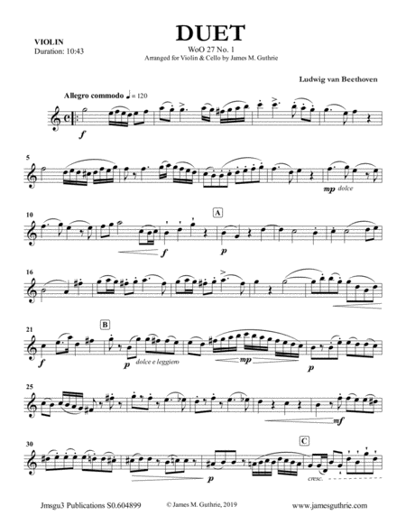 Beethoven Duet Woo 27 No 1 For Violin Cello Sheet Music