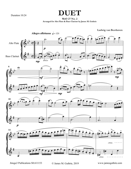 Free Sheet Music Beethoven Duet Woo 27 No 2 For Alto Flute Bass Clarinet