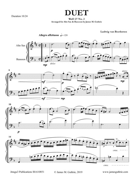 Beethoven Duet Woo 27 No 2 For Alto Sax Bassoon Sheet Music