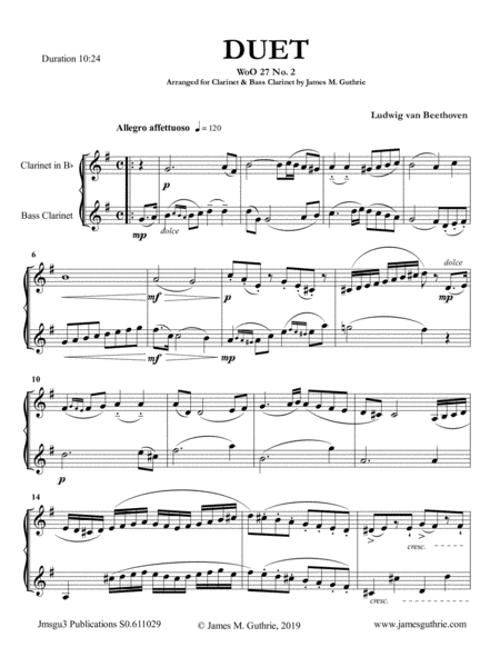 Beethoven Duet Woo 27 No 2 For Clarinet Bass Clarinet Sheet Music