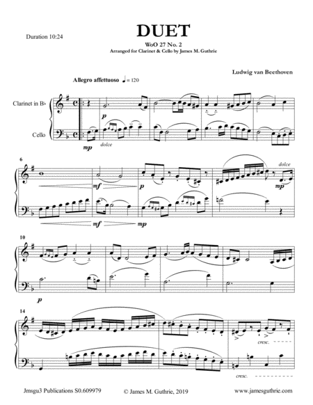 Beethoven Duet Woo 27 No 2 For Clarinet Cello Sheet Music