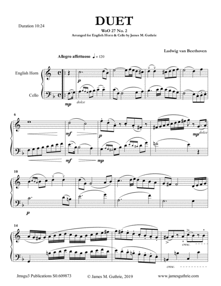 Beethoven Duet Woo 27 No 2 For English Horn Cello Sheet Music