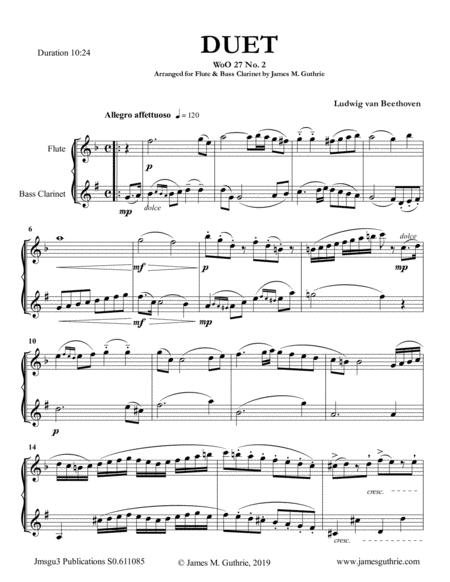 Beethoven Duet Woo 27 No 2 For Flute Bass Clarinet Sheet Music