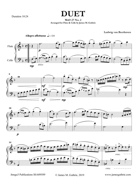 Free Sheet Music Beethoven Duet Woo 27 No 2 For Flute Cello