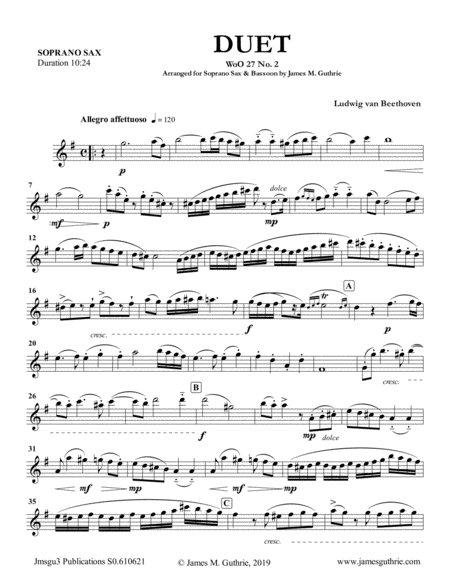 Beethoven Duet Woo 27 No 2 For Soprano Sax Bassoon Sheet Music