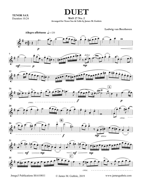 Free Sheet Music Beethoven Duet Woo 27 No 2 For Tenor Sax Cello