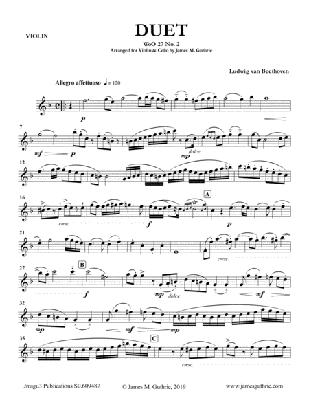 Beethoven Duet Woo 27 No 2 For Violin Cello Sheet Music