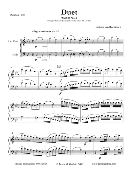 Beethoven Duet Woo 27 No 3 For Alto Flute Cello Sheet Music