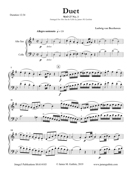 Free Sheet Music Beethoven Duet Woo 27 No 3 For Alto Sax Cello