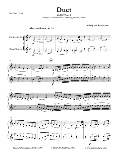 Beethoven Duet Woo 27 No 3 For Clarinet Bass Clarinet Sheet Music