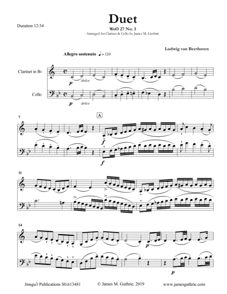 Free Sheet Music Beethoven Duet Woo 27 No 3 For Clarinet Cello