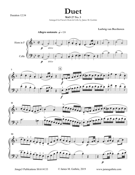 Beethoven Duet Woo 27 No 3 For French Horn Cello Sheet Music