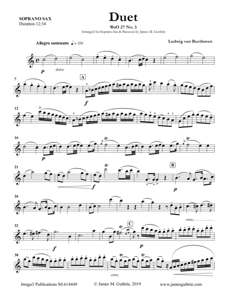 Beethoven Duet Woo 27 No 3 For Soprano Sax Bassoon Sheet Music