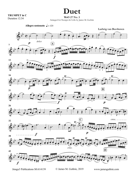 Beethoven Duet Woo 27 No 3 For Trumpet Cello Sheet Music