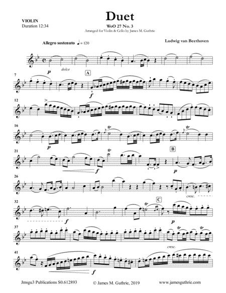 Beethoven Duet Woo 27 No 3 For Violin Cello Sheet Music