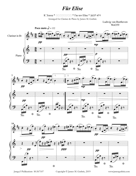 Free Sheet Music Beethoven Fr Elise For Clarinet Piano
