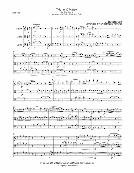 Beethoven L Trio Op 87 Mvt 1 For Violin Viola And Cello Sheet Music