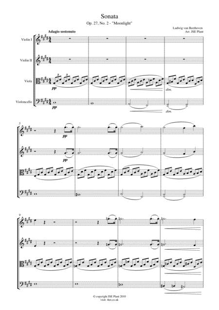 Beethoven Moonlight Sonata Mov 1 Op 27 No 2 For String Quartet Score And Parts Sheet Music