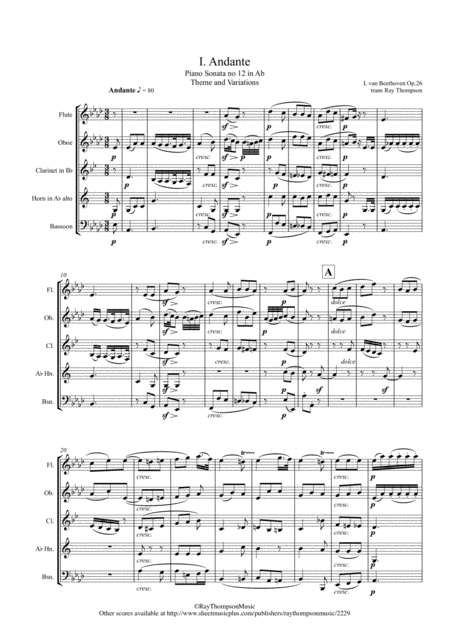Free Sheet Music Beethoven Piano Sonata No 12 In Ab Op 26 Mvt I Andante And Variations Wind Quintet