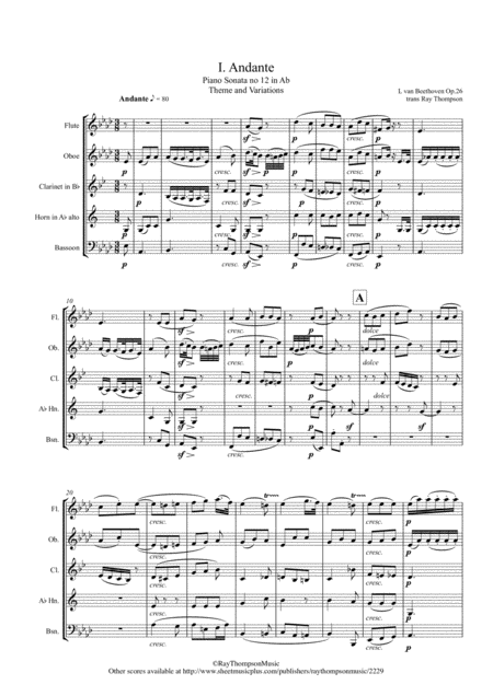 Beethoven Piano Sonata No 12 In Ab Op 26 Mvt I Andante And Variations Wind Quintet Sheet Music