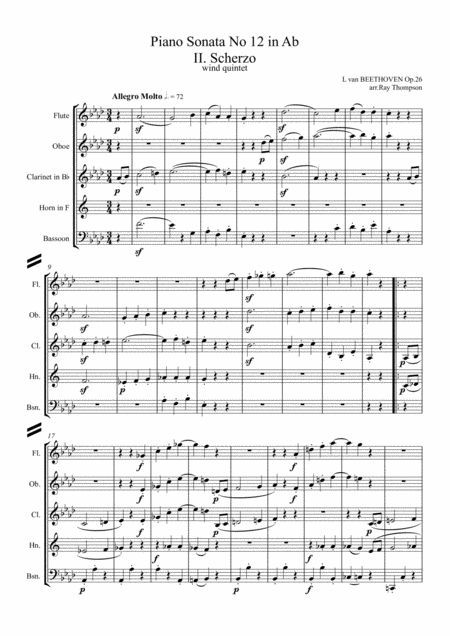 Beethoven Piano Sonata No 12 In Ab Op 26 Mvt Ii Scherzo Wind Quintet Sheet Music