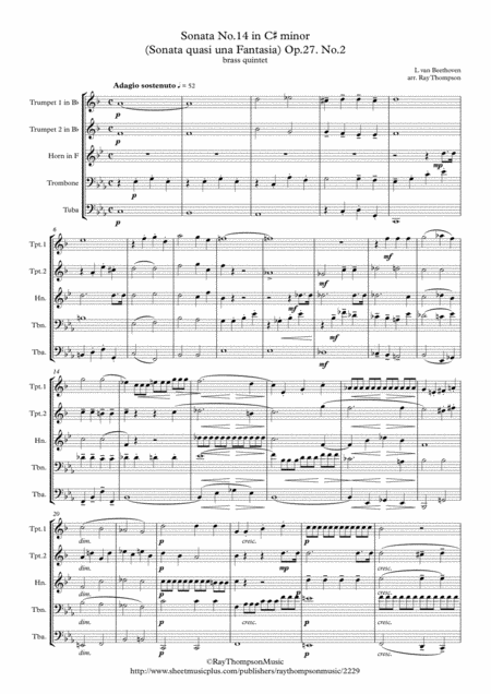 Free Sheet Music Beethoven Piano Sonata No 14 In C Minor Sonata Quasi Una Fantasia Moonlight Sonata Op 27 No 2 Brass Quintet